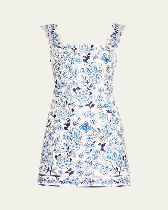 Velia Embroidered Pleated-Strap Mini Dress